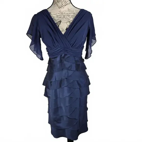 Adrianna Papell Women's Sz 4 Flutter Sleeve Tiered V-Neckline Front & Back Dress - Picture 1 of 9